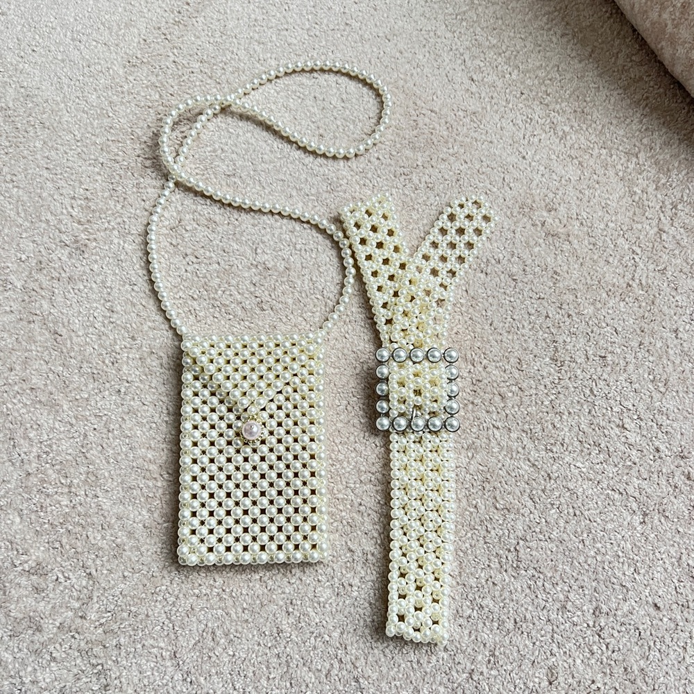 Elegant Pearl Beaded Purse and Belt Set